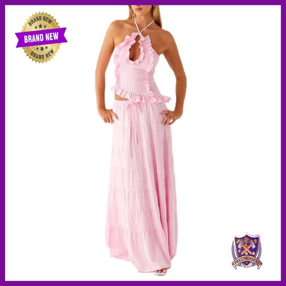 Ruffle Maxi Skirt Set Halter Crop Top 2 Piece Outfit Y2K Style